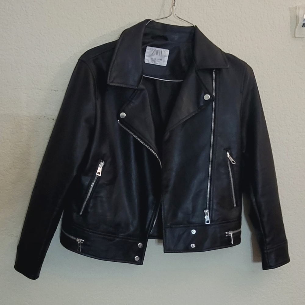 Zara Kids Black Leather Jacket with Silver Accents